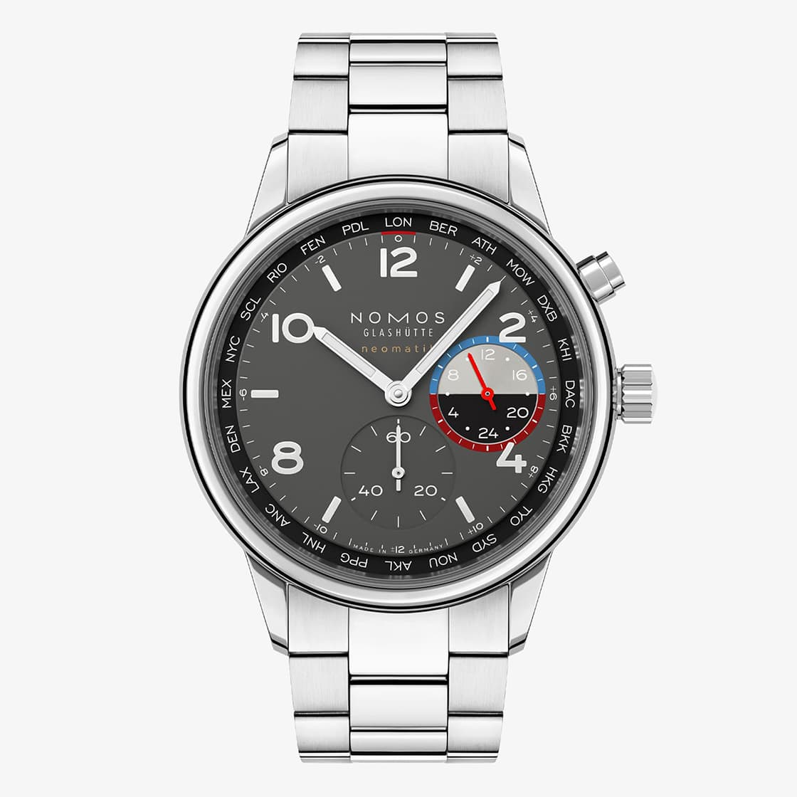 NOMOS Glashuette 0790 S1 Club Sport neomatik Worldtimer Volcano